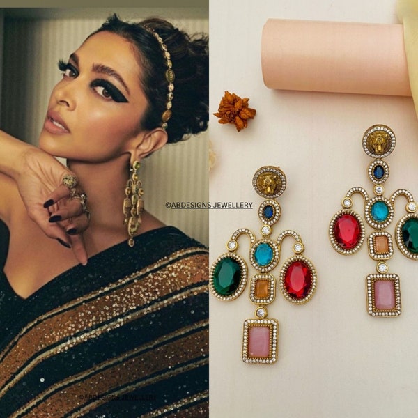 Sabyasachi Earrings, Designer Sabyasachi Jewelry, Sabyasachi ,Deepika earrings,Sabyasachi inspired tropical earrings,Long Indian Earring