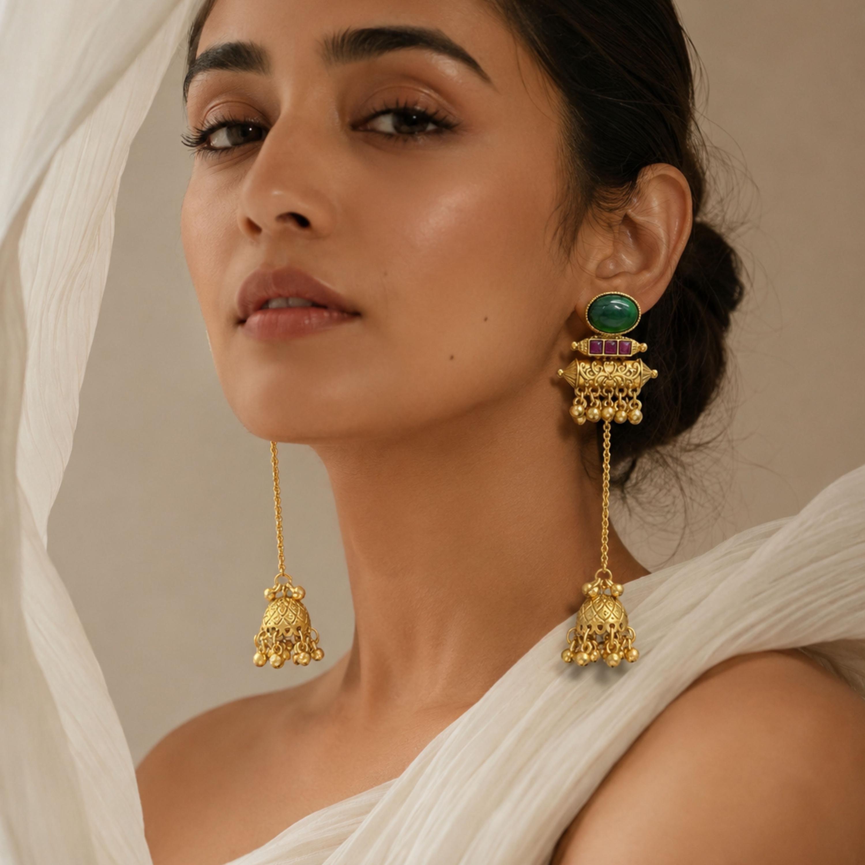 Traditional Gold Jhumka Earrings, Green Stone Long Chain Tassel Jewellery