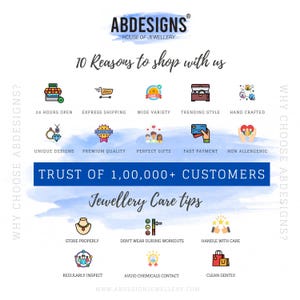 May include: A graphic with 10 reasons to shop with ABDESIGNS, a house of jewelry. The graphic features icons representing 24-hour open, express shipping, wide variety, trending style, hand-crafted, unique designs, premium quality, perfect gifts, fast payment, and non-allergenic. The graphic also includes a section on jewelry care tips with icons representing store properly, don't wear during workouts, handle with care, regularly inspect, avoid chemicals contact, and clean gently.