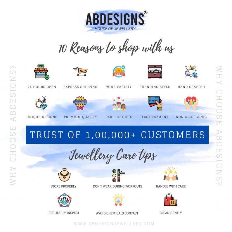 May include: A graphic with 10 reasons to shop with ABDESIGNS, a house of jewelry. The graphic features icons representing 24-hour open, express shipping, wide variety, trending style, hand-crafted, unique designs, premium quality, perfect gifts, fast payment, and non-allergenic. The graphic also includes a section on jewelry care tips with icons representing store properly, don't wear during workouts, handle with care, regularly inspect, avoid chemicals contact, and clean gently.