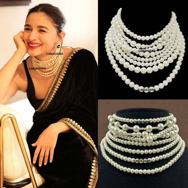 Alia bhatt Choker, Alia Bhatt black velvet saree layered pearl necklace, Gift for her, Alia Bhatt Pearl Necklace, Bollywood Indian Necklace