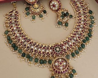 Vergulde Meenakari-ketting, vergulde bruidsketting, Kundan Meenakari-ketting, etnische sieraden, Indiase bruidssieraden, cadeau voor haar