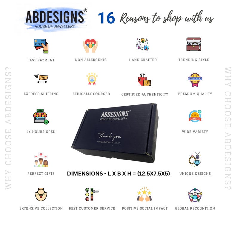 Puede incluir: Una caja de joyer&iacute;a azul marino con la marca "ABDESIGNS" y el texto "Thank you" se muestra. La imagen tambi&eacute;n incluye iconos que representan 16 razones para comprar, como pago r&aacute;pido, art&iacute;culos hechos a mano y dise&ntilde;os &uacute;nicos. Las dimensiones de la caja son 31.75x19.05x12.7 cm.