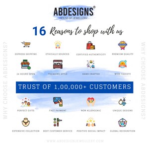 May include: A graphic with 16 reasons to shop with ABDESIGNS, a jewelry company. The graphic features icons and text describing the company's services, including express shipping, ethically sourced materials, certified authenticity, premium quality, 24 hours open, trending style, hand-crafted, wide variety, perfect gifts, fast payment, non-allergenic, unique designs, extensive collection, best customer service, positive social impact, and global recognition. The graphic also includes the text "TRUST OF 1,00,000+ CUSTOMERS" and the website address "WWW.ABDESIGNJEWELLERY.COM".
