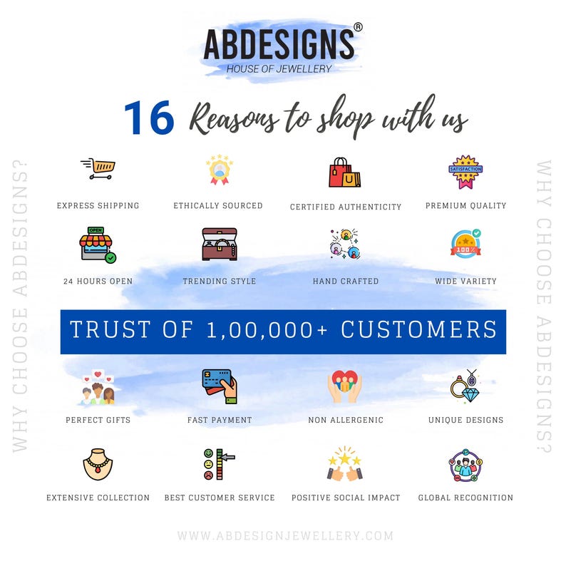 May include: A graphic with 16 reasons to shop with ABDESIGNS, a jewelry company. The graphic features icons and text describing the company's services, including express shipping, ethically sourced materials, certified authenticity, premium quality, 24 hours open, trending style, hand-crafted, wide variety, perfect gifts, fast payment, non-allergenic, unique designs, extensive collection, best customer service, positive social impact, and global recognition. The graphic also includes the text "TRUST OF 1,00,000+ CUSTOMERS" and the website address "WWW.ABDESIGNJEWELLERY.COM".