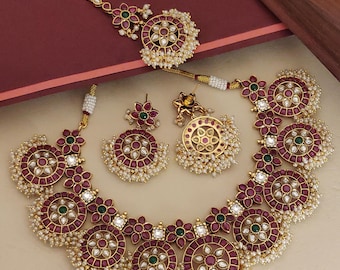 Vergulde Meenakari-ketting, vergulde bruidsketting, Kundan Meenakari-ketting, etnische sieraden, Indiase bruidssieraden, cadeau voor haar