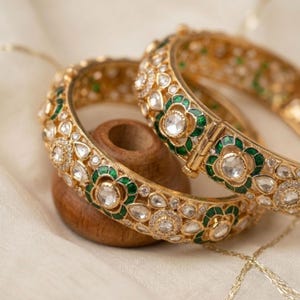 Indian Kundan Filigree Bangles, Antique Gold Plated Bridal Jewelry with Green Ruby Stones