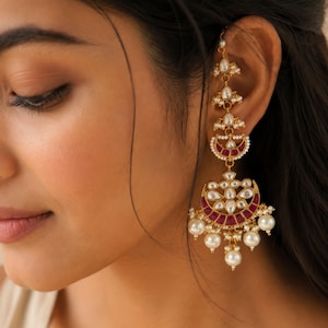 Rosa Kundan Pärla Långa Chandbali Örhängen, Indiska Brudörhängen, Pärlörhängen, Statement Bröllopssmycken, Etniska Festörhängen