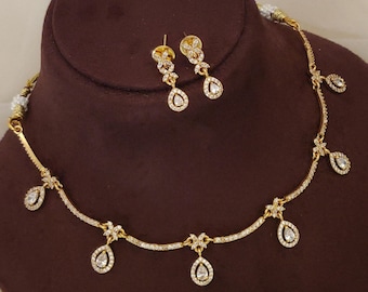 Gold Plated Cubic Zirconia Necklace Set, Indian Wedding Jewelry