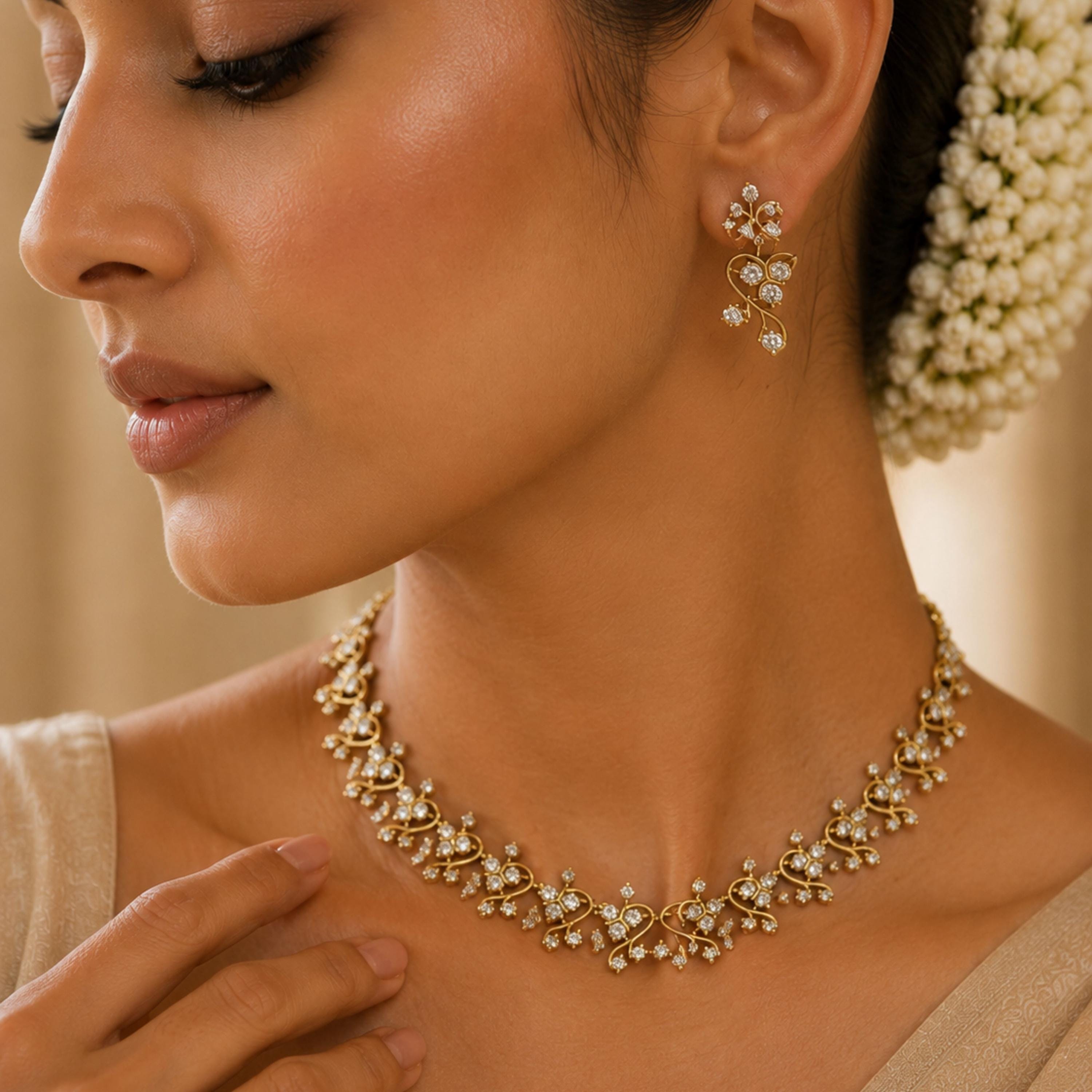 Gold Plated CZ Vine Choker Necklace Set with Earrings, Floral Bridal Wedding Jewelry