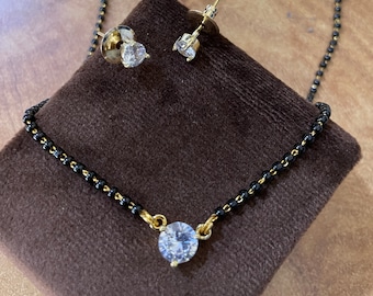 Gold Plated CZ Mangalsutra, Indian Jewelry, Black Beads Necklace