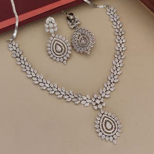 Silver Plated Round Cubic Zirconia Wedding Necklace, Designer American Diamond Necklace, Indian Wedding Jewelry for Bride, Ad Necklace Set