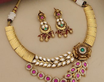 Gold Plated Kundan Meenakari Necklace, Bollywood Bridal Jewelry