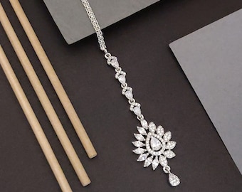 Maangtikka nupcial: tocado de diamantes americanos bañado en plata