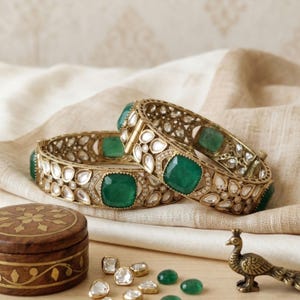 Victoriaanse Polki Kundan-armbandset met groene smaragdstenen, Indiase bruidssieraden Kada-set