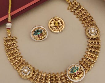 Gold Plated Meenakari Bridal Necklace, Kundan Indian Jewelry