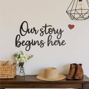 May include: A wall decoration with the phrase "Our story begins here" in black script. A small red heart is to the right of the text. A straw hat, brown boots, and a basket are on a wooden surface below the text.
