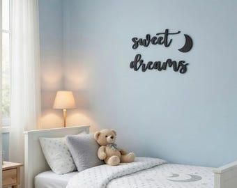 Sweet Dreams Wooden Wall Sign • Plywood Nursery Decor • Baby Bedroom Wall Art • Scandinavian Kids Room Sign • Black White Natural