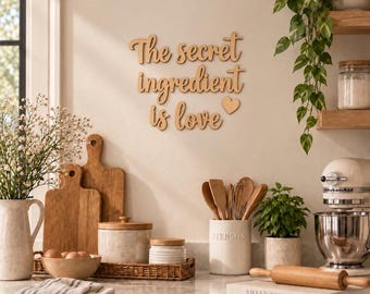 Letrero de madera para cocina con la frase "El ingrediente secreto es el amor" – Decoración de pared de madera contrachapada – Colores naturales: blanco, negro – Letrero rústico con cita para el comedor