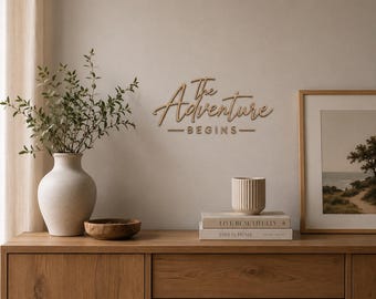 The Adventure Begins Wooden Wall Sign • Plywood Home Decor • Modern Script Wall Art • Wedding Nursery Quote Sign • Black White Natural