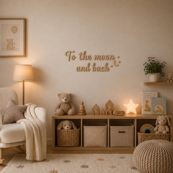 Puede incluir: Un acogedor cuarto de niños con una estantería de madera llena de juguetes, libros y una luz nocturna en forma de estrella. La frase "To the moon and back" está en la pared. Un oso de peluche y un conejito son visibles.