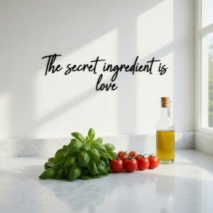 May include: A kitchen setting featuring the phrase "The secret ingredient is love". Fresh basil, red tomatoes, and a bottle of olive oil are arranged on a marble countertop, suggesting a culinary theme.