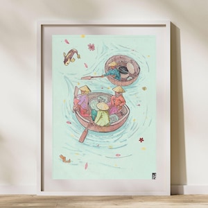 Vietnam Travel Art Watercolor Print, Fishing Women in Mekong Delta, Vietnamese Cuture Art, Tropical Illustration Print, Vietnam Art Print