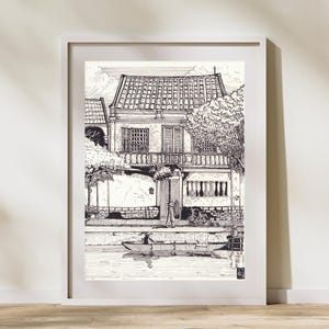 Vietnam Travel Art Sketch Prints, Hoi An Townhouse, Vietnamese Art Print, Fine Line Art Print, Vietnam Print, Black Line Illustration Print