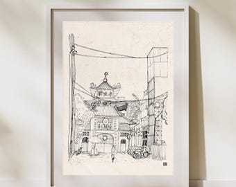 Saigon Old Temple Art Print, Fine Line Pen & Ink Illustration