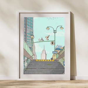 Metro Stop Manhattan NYC Whimsical Illustration, New York City Art, Cityscape Wall Art, Fine Art Print, Colorful Wall Art Print, Home Decor