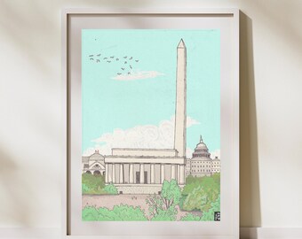 Washington DC Art Print, Landmark Illustration, Pen and Ink Cityscape