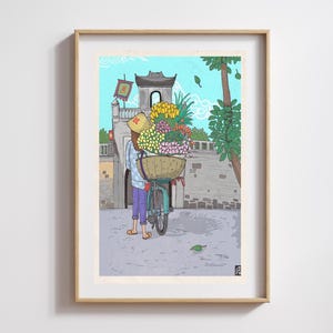 Vietnam Art Print, Hanoi Vietnam Street Art, Vietnamese Cultural Art, Hanoi Flower Seller Vendor Hawker, Illustration Print DIGITAL DOWNLOAD