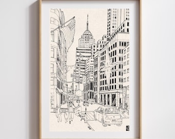 Christmas Manhattan Pen and Ink Cityscape Art Print (Digital Download)