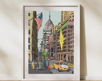 Impresión navideña festiva de Manhattan, arte mural invernal de Nueva York