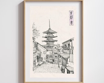 Puede incluir: Dibujo a tinta en blanco y negro de una pagoda japonesa y una escena callejera, enmarcado en un marco de madera clara. La obra presenta elementos arquitectónicos detallados y el texto japonés "Kyoto City".
