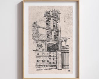 Impresión artística de una casa de ladrillos de Saigón, ilustración a pluma y tinta (descarga digital)