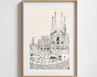 Barcelona-inkttekening, Sagrada Familia-kunst (digitale download)