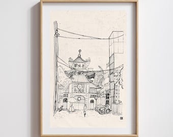 Impresión artística del Templo Antiguo de Saigón, paisaje urbano en pluma y tinta (descarga digital)