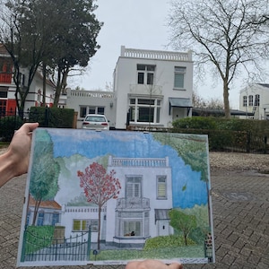 Aangepaste thuisportret van foto, gepersonaliseerde huisportrettekening, handgetekende aquarelillustratie, housewarmingcadeau, eerste thuiscadeau