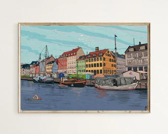 Nyhavn Copenhagen Art Print, Retro Canal Scene