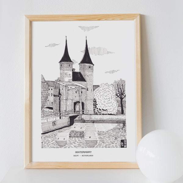 Impression d’Art de voyage aux Pays-Bas, Eastern Gate Delft Pays-Bas, dessin à l’encre de plume, impression d’Art signée aux Pays-Bas, oeuvre de Hollande, cadeau d’Art hollandais