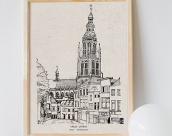 Breda Great Church, Netherlands Art Print, Dutch Cityscape Wall Art, Hand Drawn Pen Ink Illustration, Dutch Gifts, Holland Travel Art Print