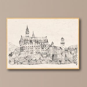 Germany Art Print, Neuschwanstein Castle Germany, Fine Line Art, Bavaria Germany Landscape Sketch, Germany Gifts, Travel Art, Germany Europe