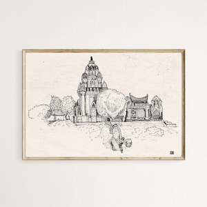 Vietnam Art, Vietnam Print, Vietnam Travel Art, Champa Temple Vietnam, Vietnamese Culture Art, Vietnam Architecture Print, Pen Ink Drawing