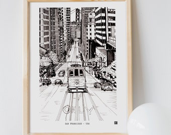 San Francisco City Print, San Francisco Art Print, Cityscape Wall Art, California Wall Art, Black Fine Line Art, San Francisco Art Poster