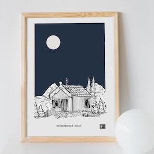 Winter Wald Cabin Print - Urlaub Landschaft Dekor - Gemütliche Hütte - Winter Wonderland Poster - Weihnachten verschneiten Wald Kunst -Winter Cabin Decor