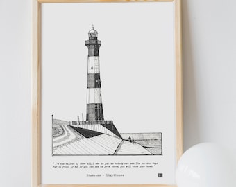 Netherlands Art Print, Dutch Lighthouse Pen Ink Illustration, Breskens Lighthouse Netherlands, , Hand Drawn Art, Dutch Travel Art Gift