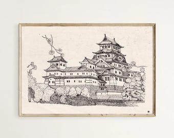Osaka Castle Japan Art Print, Pen and Ink Illustration