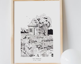 Vietnam Art Print, Tropical Tiny Farmhouse Vietnam, Signed Pen Ink Drawing Illustration, Vietnamese Art Sketch Prints, Vietnam Landscape Art