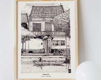 Vietnam Travel Art Sketch Prints, Hoi An Townhouse, Vietnamese Art Print, Fine Line Art Print, Vietnam Print, Black Line Illustration Print